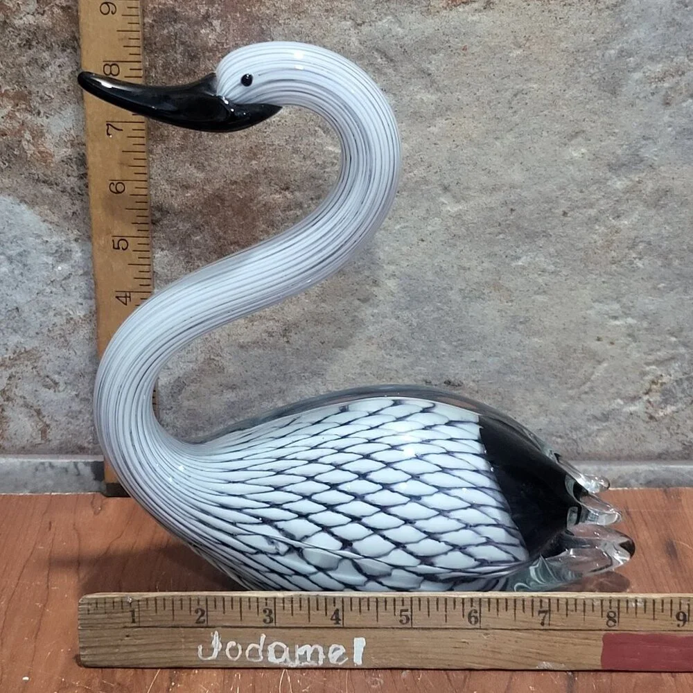 Hand Blown Art Glass Black White Swan Sculpture Glass Duck